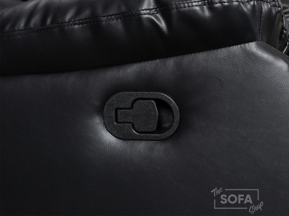 Side angle Close up of manual pull handle, leather sofa in black | Sorrento