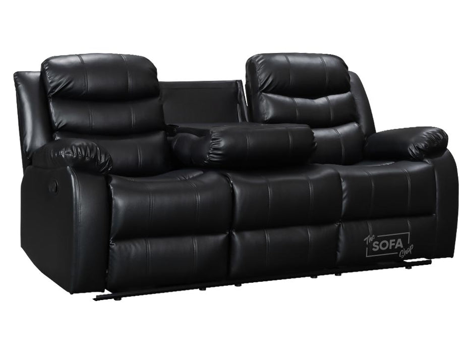 3+3 Leather Sofa Set & Recliner Sofa Package in Black With Drop-Down Table & Cup Holders - Sorrento